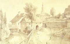 Karl v. Frey, Die Augustinergasse mit Almkanal und Klostermühle, 1850; Bleistiftzeichnung, Salzburg Museum.